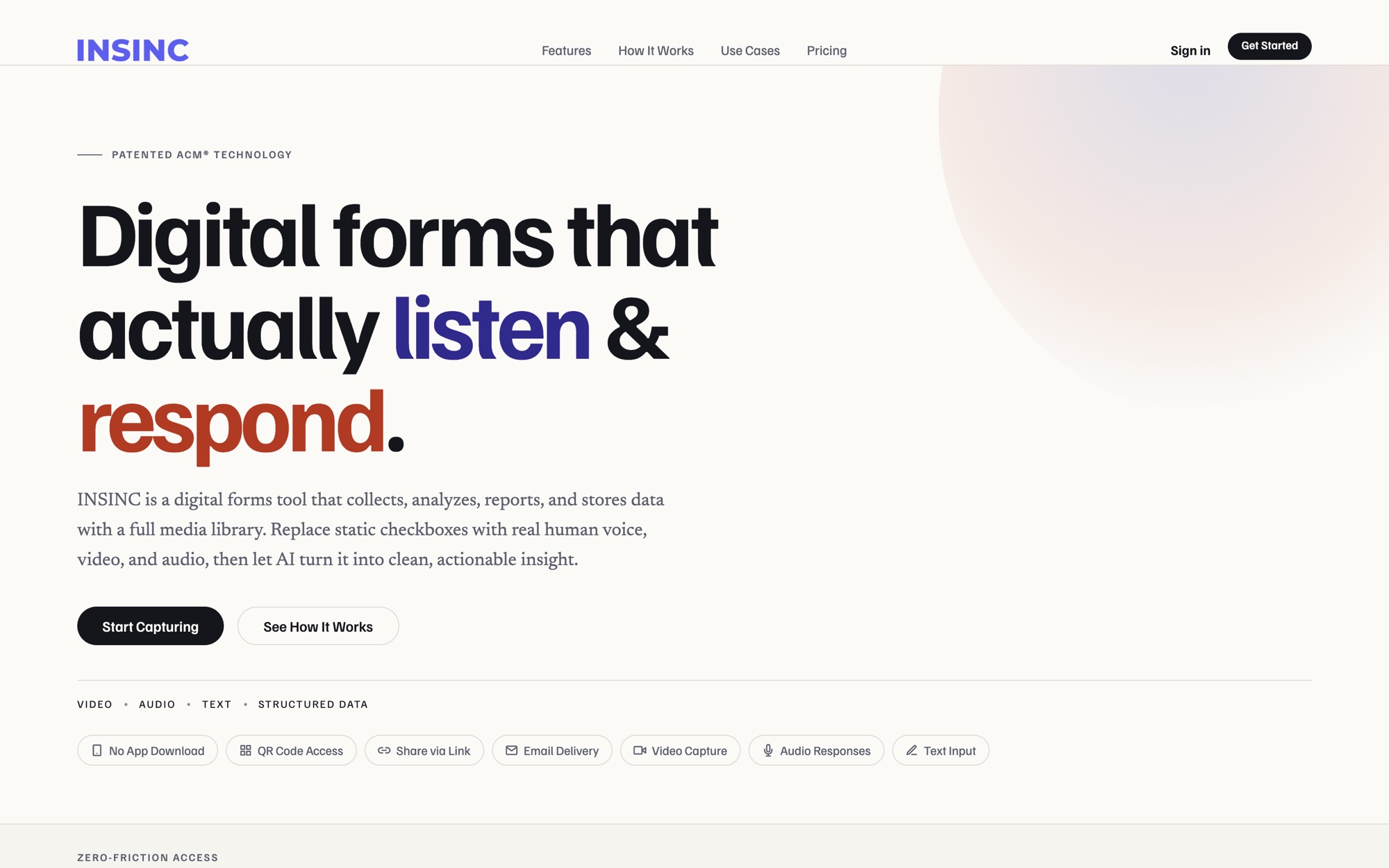 Insinc’s landing page on desktop, headed “Digital forms that actually listen & respond.”