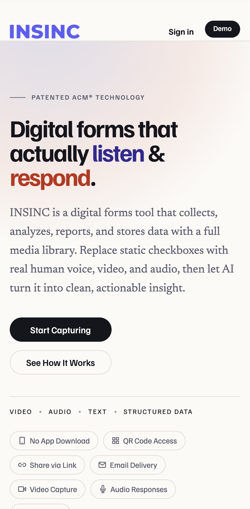 Insinc’s landing page on a phone, with the same headline above its two buttons.