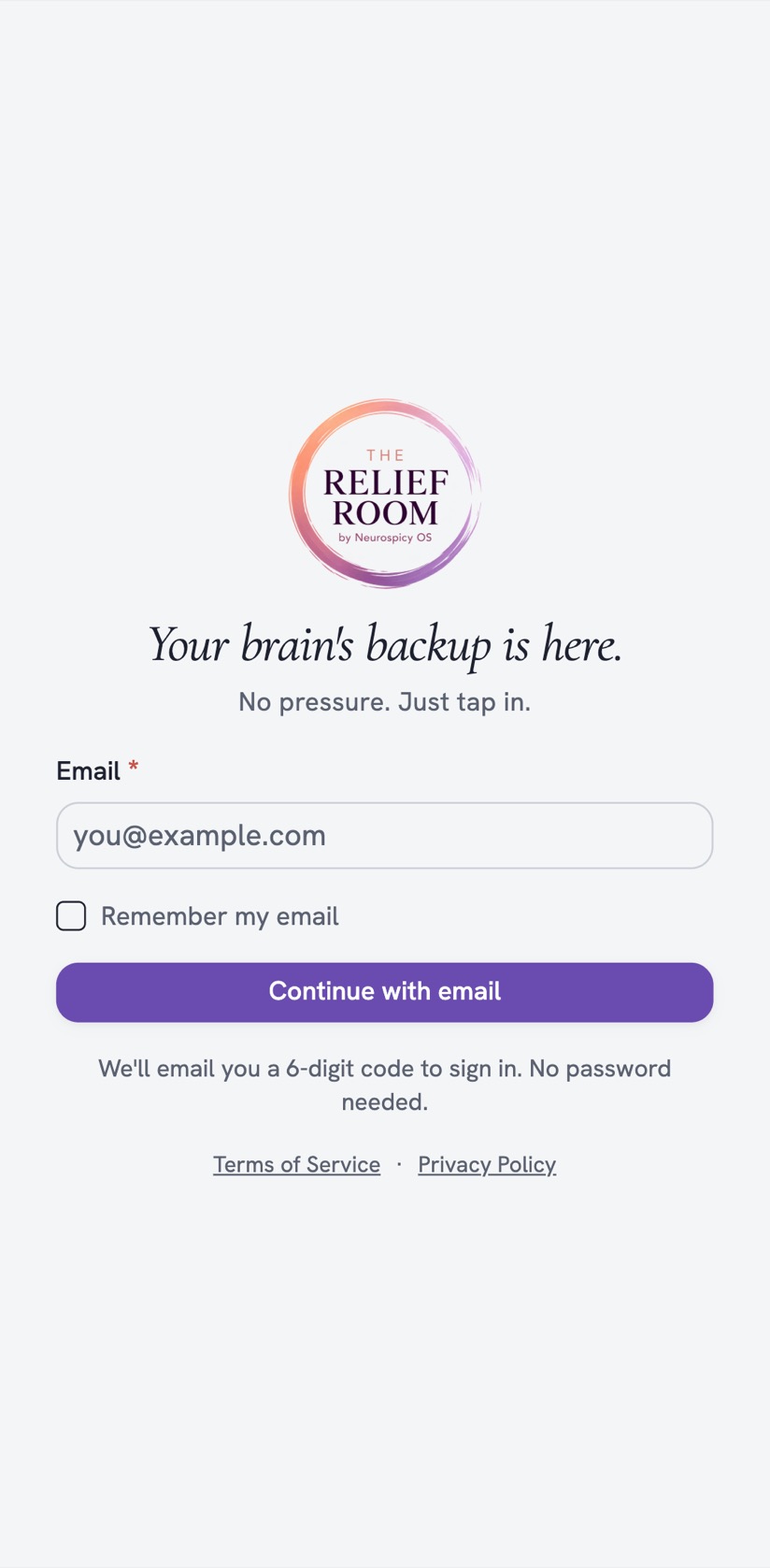 The Relief Room’s sign-in screen on a phone, with its round logo above an email field.