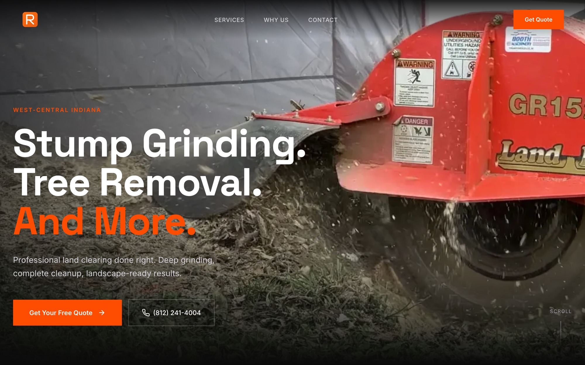 R&R Stump Removal’s homepage on desktop: a red stump grinder at work behind the headline “Stump Grinding. Tree Removal. And More.”