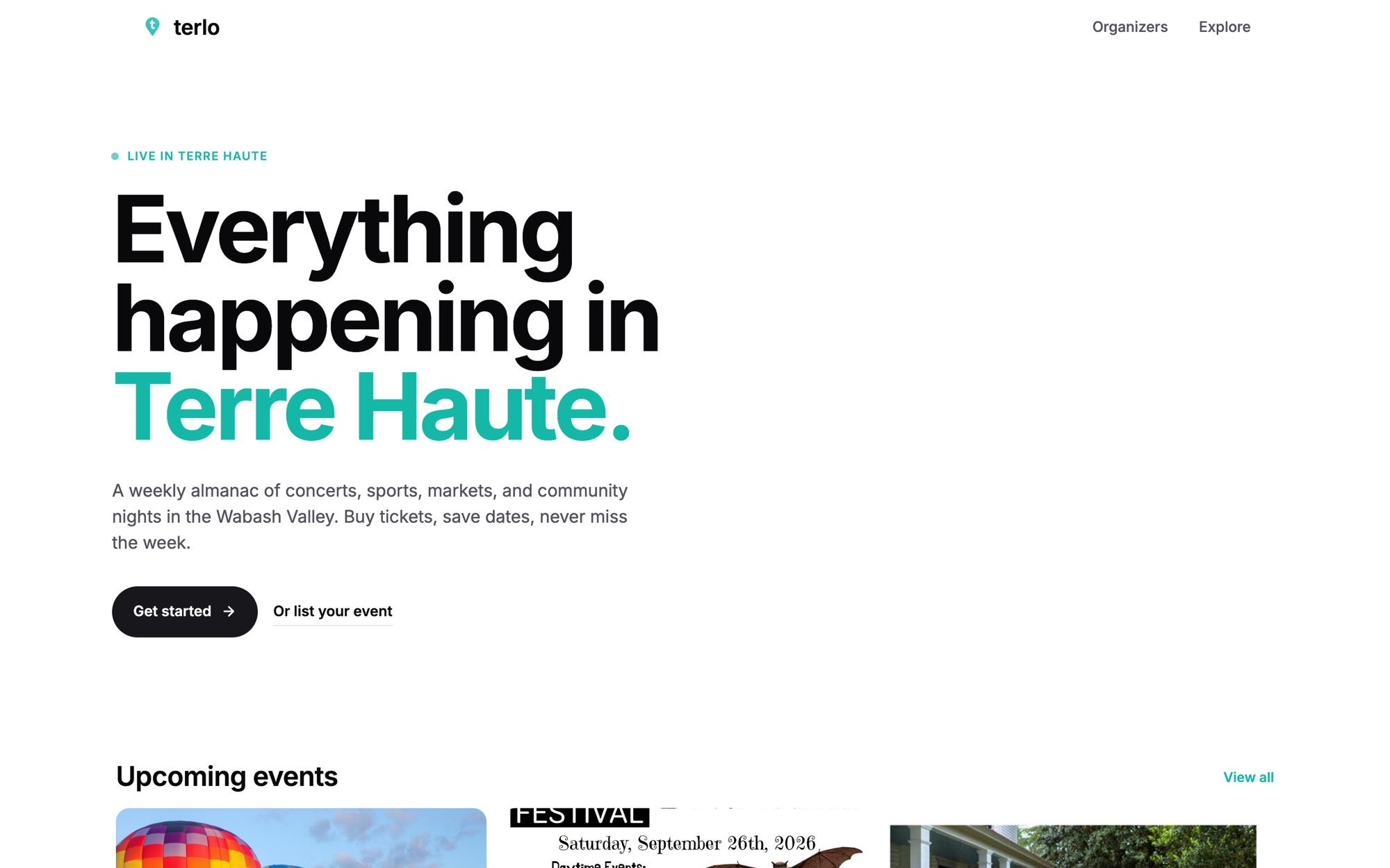 Terlo’s landing page on desktop: the headline “Everything happening in Terre Haute.” above a row of upcoming events.