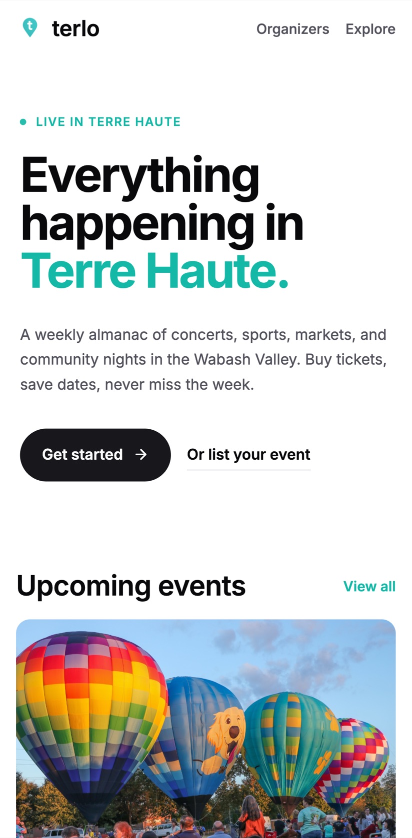 Terlo’s landing page on a phone, with the same headline above an event photo of hot-air balloons.